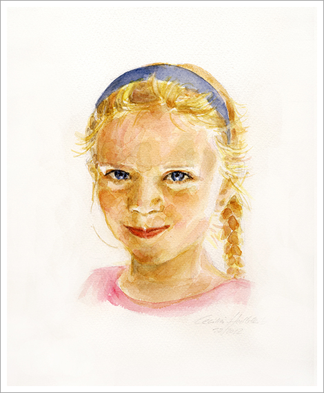 Amelie, 7 years, child portrait in watercolour