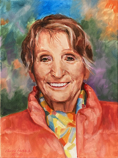 Cilly, older lady with colourful scarf, portrait in oil