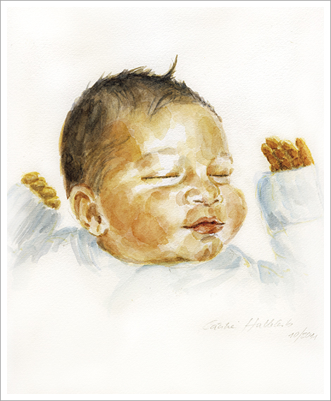 David, 3 Monate, Babyportrait in Aquarell