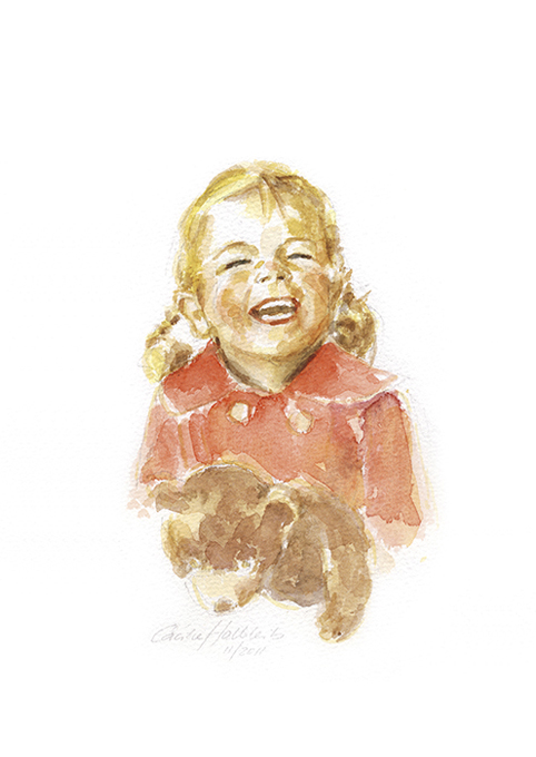 Sissi mit Spielbär, Kinderportrait in Aquarell